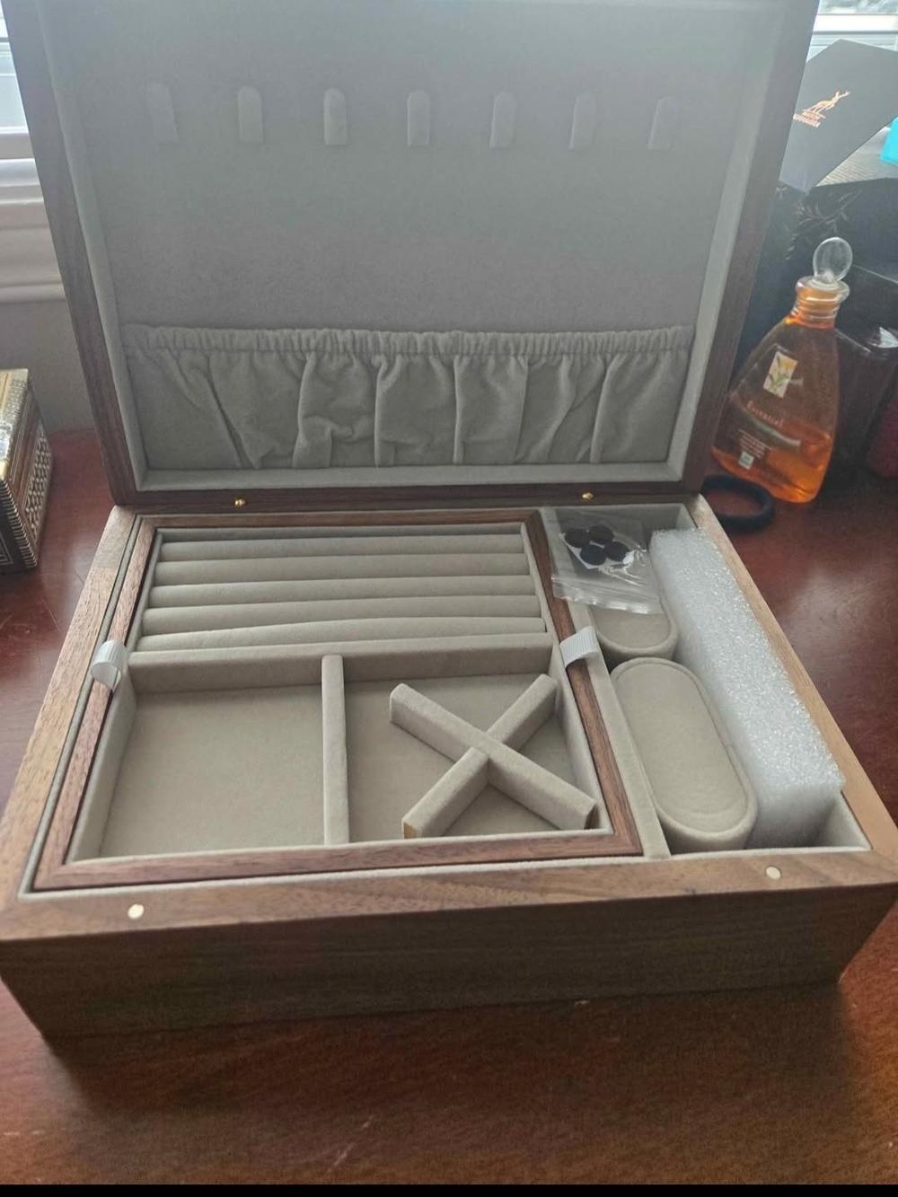 Gray Velvet Jewelry Organizer Box with Ring Rolls and Compartments